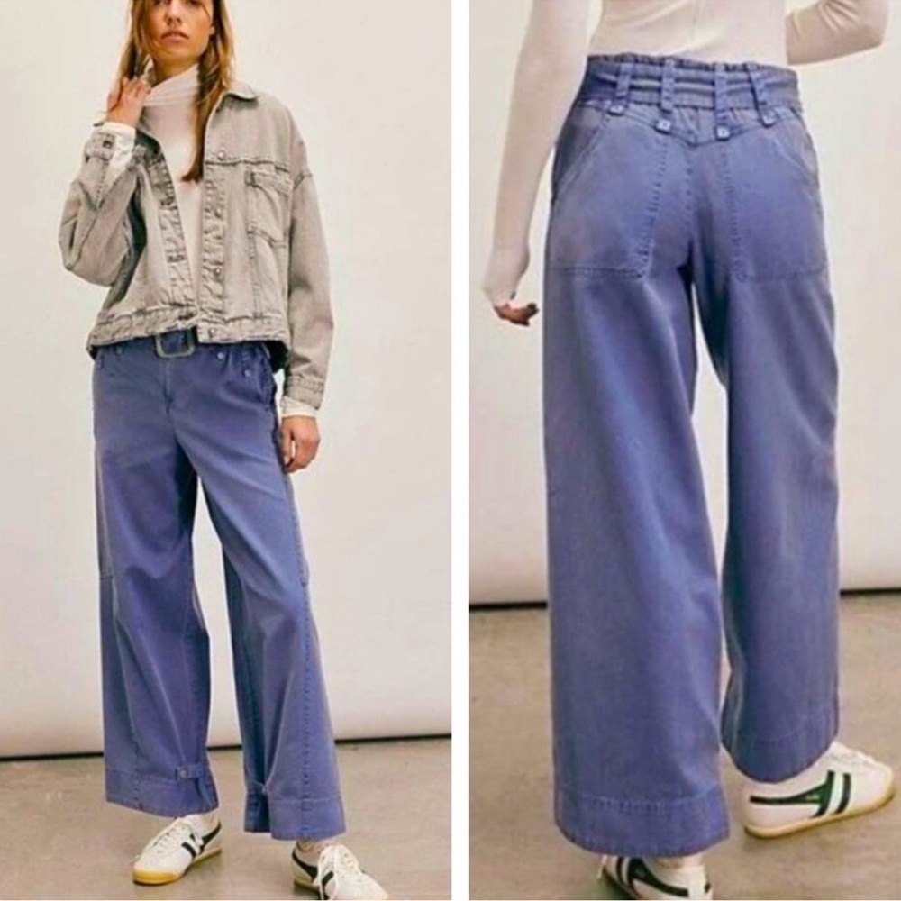 🍀 Free People We the Free Sloane Belted Wide Leg Pants in Washed Blue